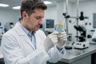 Ingénieur en laboratoire tenant une batterie solide transparente pour smartphone entre ses doigts gantés