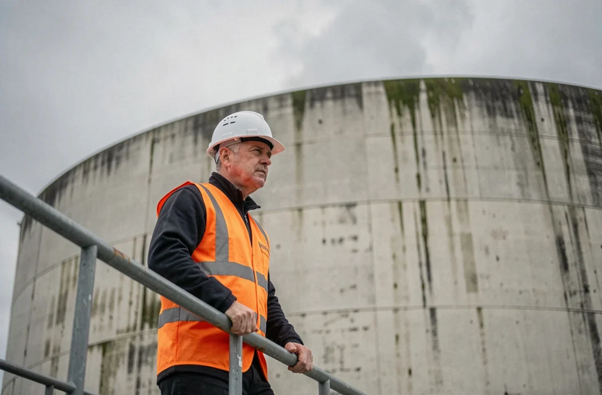 Ingénieur devant une centrale nucléaire symbolisant la puissance et la production d'énergie nucléaire