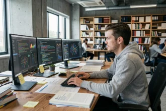 Ingénieur analysant des données d'entraînement de modèles d'IA sur plusieurs écrans dans un bureau technologique moderne