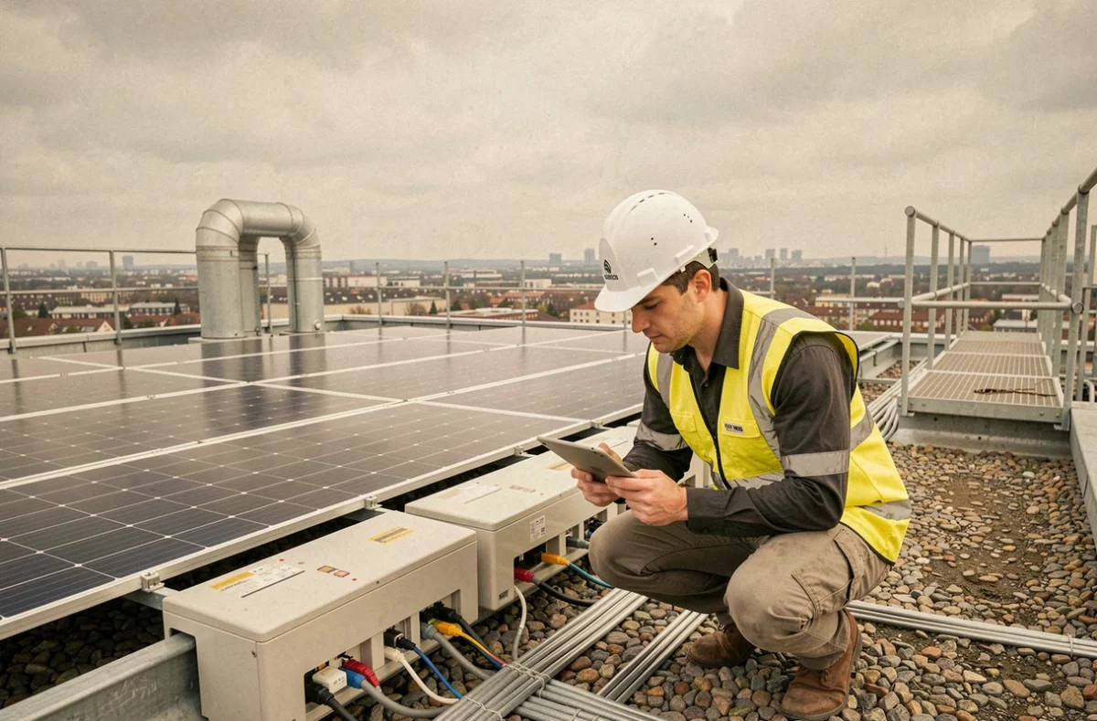 Ingénieur inspectant une installation de panneaux solaires sur le toit d'une usine dans le cadre d'une transition énergétique industrielle