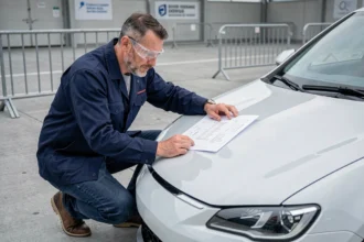 Ingénieur automobile examinant un véhicule à hydrogène sur un site de test en extérieur, illustration de l'avenir du transport sans diesel