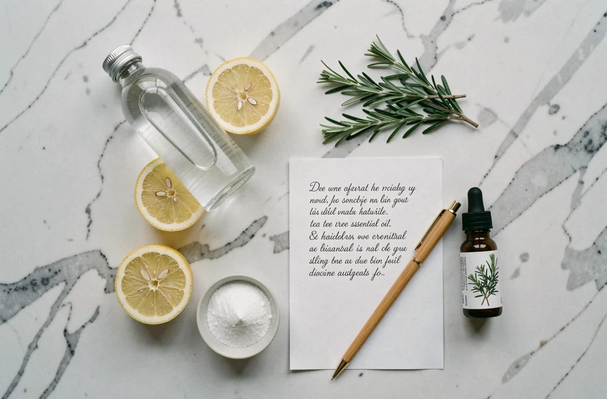 Vue de dessus des ingrédients naturels pour fabriquer un désinfectant maison : citron, bicarbonate, huile essentielle d'arbre à thé et alcool