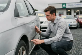 Homme inspectant attentivement la carrosserie d'une voiture d'occasion dans un lot de concessionnaire