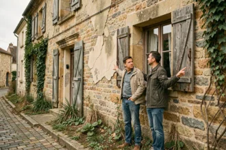 Couple inspectant la façade en pierre fissurée d'une ancienne maison de campagne avant achat