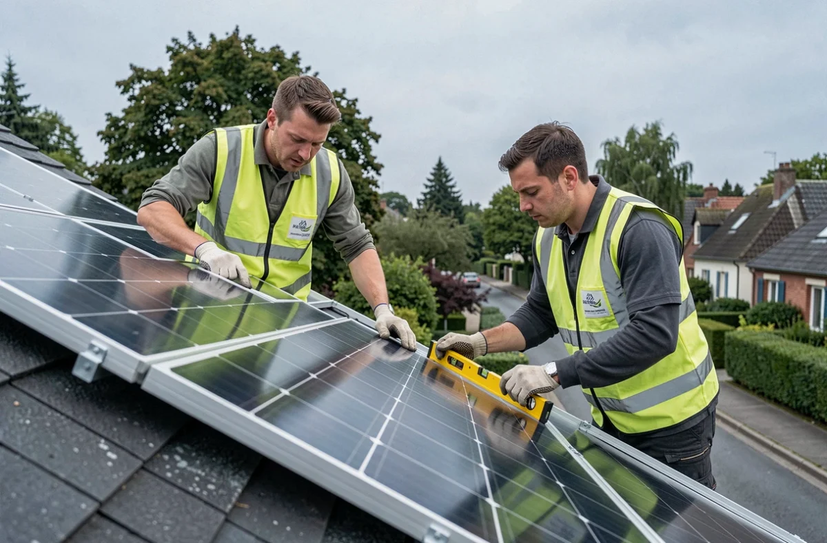 Techniciens posant des panneaux solaires photovoltaïques sur le toit d'une maison individuelle lors d'une rénovation énergétique