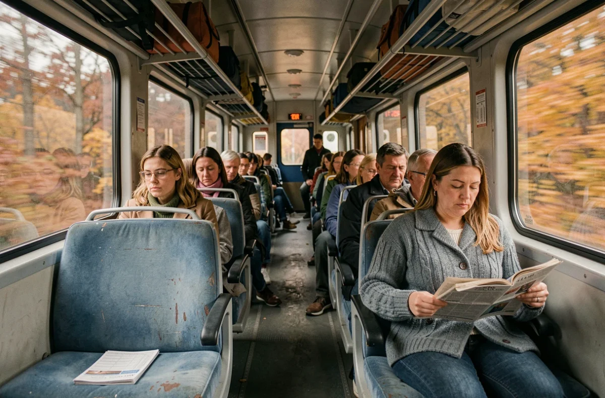Intérieur d'un train régional en mouvement avec passagers et paysage automnal visible par les fenêtres