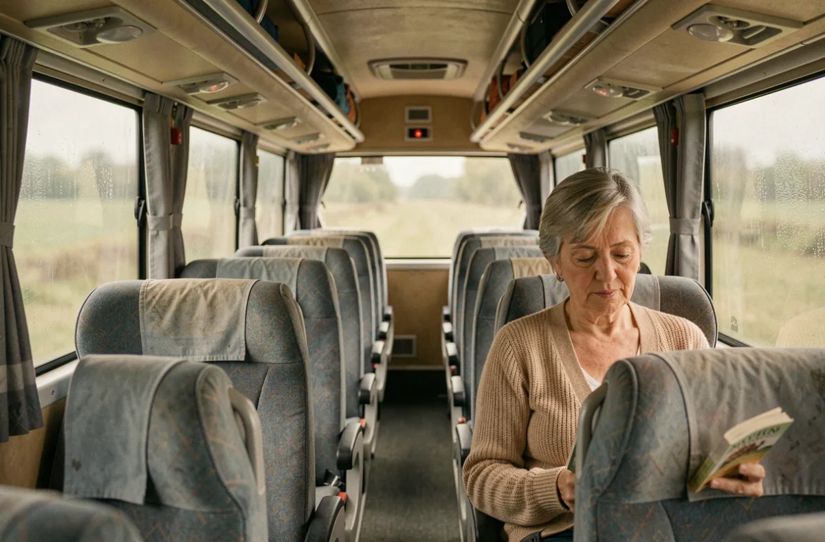 Intérieur d'un wagon passager de train Motorail avec une voyageuse lisant un livre