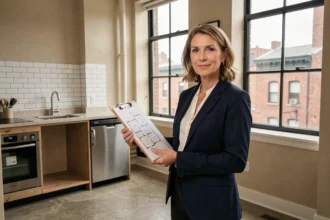 Investisseuse immobilière analysant les plans d'un studio moderne avec fenêtres industrielles et sol en béton