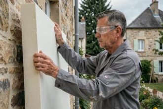 Artisan posant des panneaux d'isolation thermique par l'extérieur sur une maison en pierre, illustrant les travaux de rénovation énergétique
