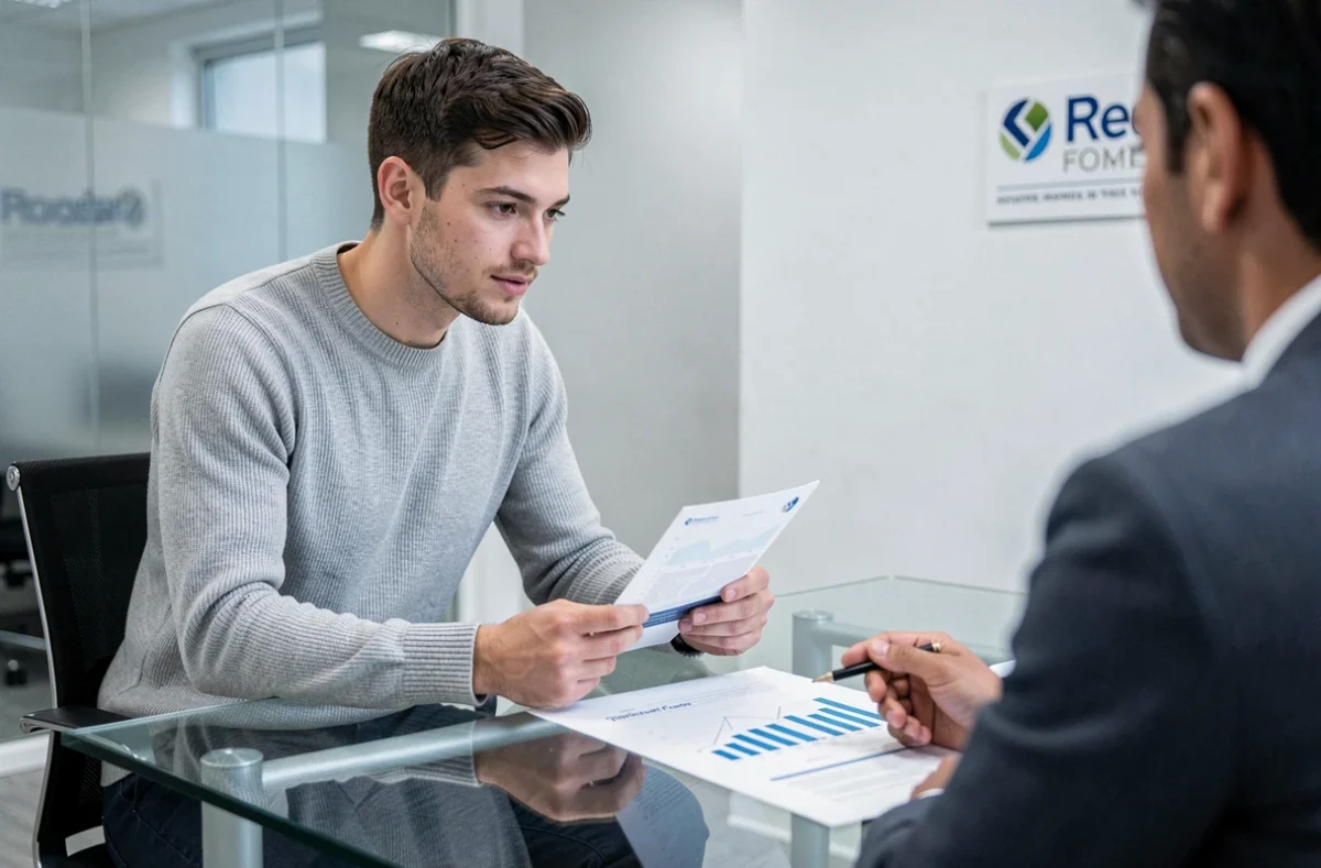 Jeune actif en rendez-vous avec un conseiller financier pour souscrire une assurance-vie dans une agence moderne