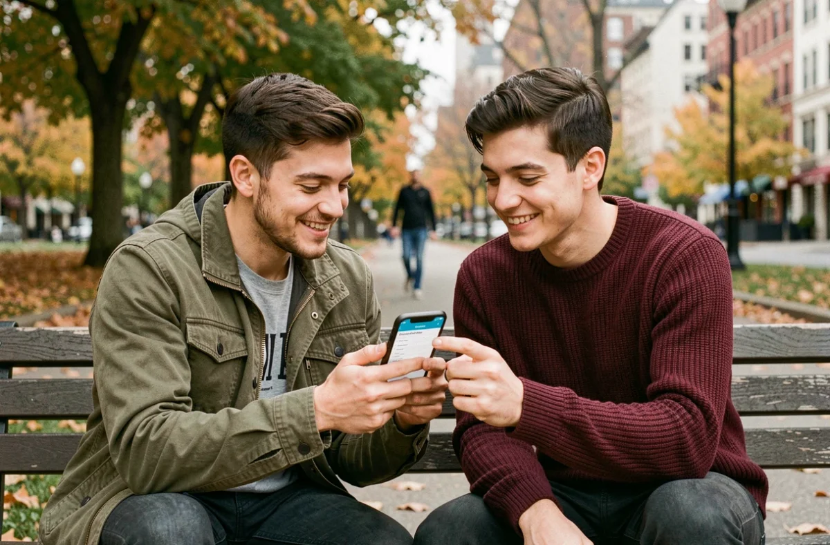 Jeune couple consultant une application de gestion d'assurance-vie sur smartphone dans un parc urbain en automne