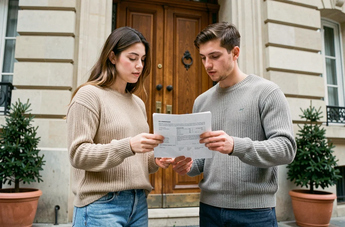 Jeune couple co-titulaires d'un bail examinant leur contrat de location devant l'entrée d'un immeuble parisien