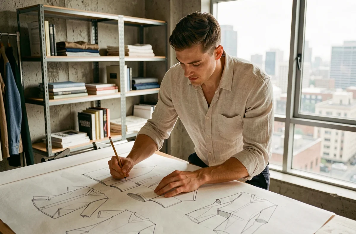 Jeune créateur de mode dessinant des esquisses de vêtements dans un studio contemporain au design industriel