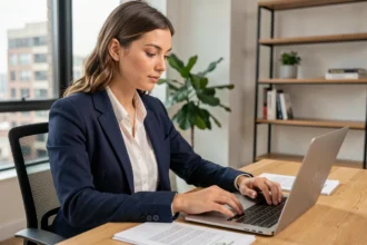 Jeune femme active consultant des documents d'assurance-vie sur un bureau moderne dans un appartement contemporain