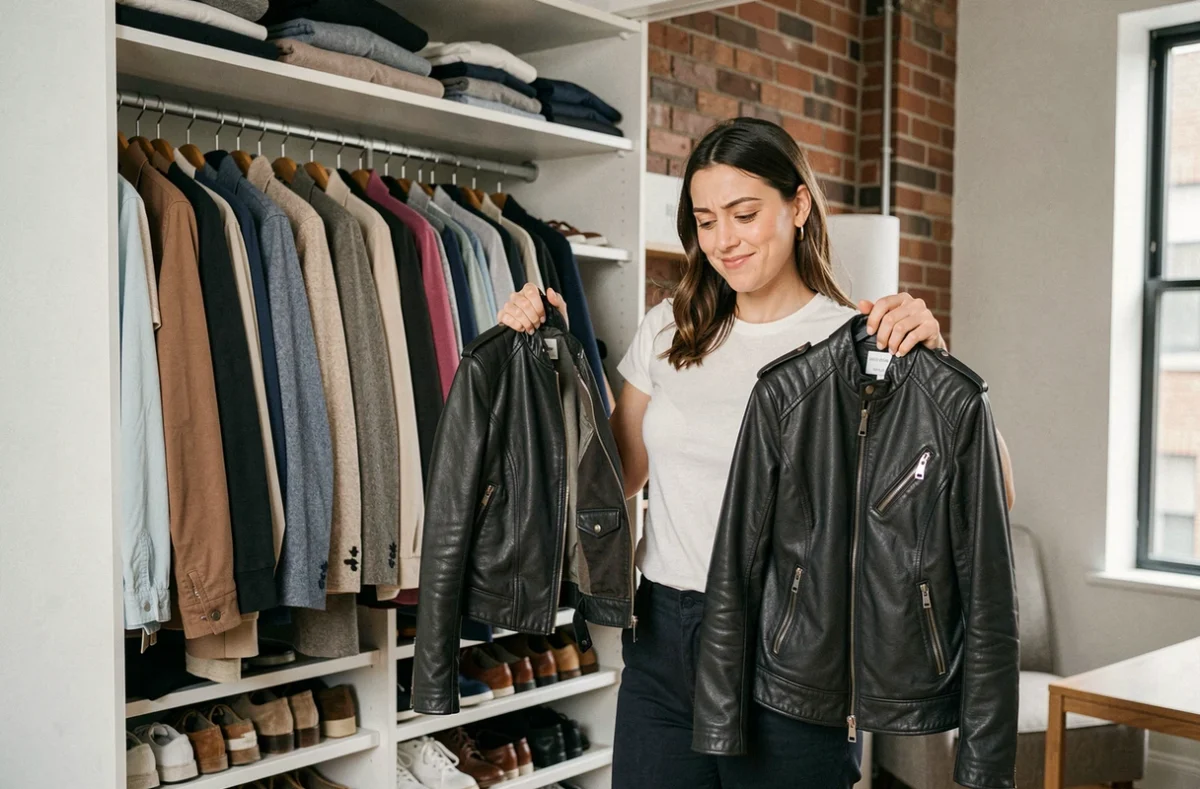 Jeune femme devant une armoire ouverte et bien remplie comparant deux vestes dans un appartement urbain