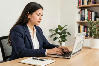 Jeune femme étudiant des graphiques financiers sur un ordinateur portable dans un bureau à domicile moderne