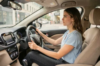 Jeune femme concentrée au volant d'une voiture lors d'un examen de permis de conduire en milieu urbain