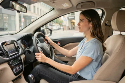 Jeune femme concentrée au volant d'une voiture lors d'un examen de permis de conduire en milieu urbain