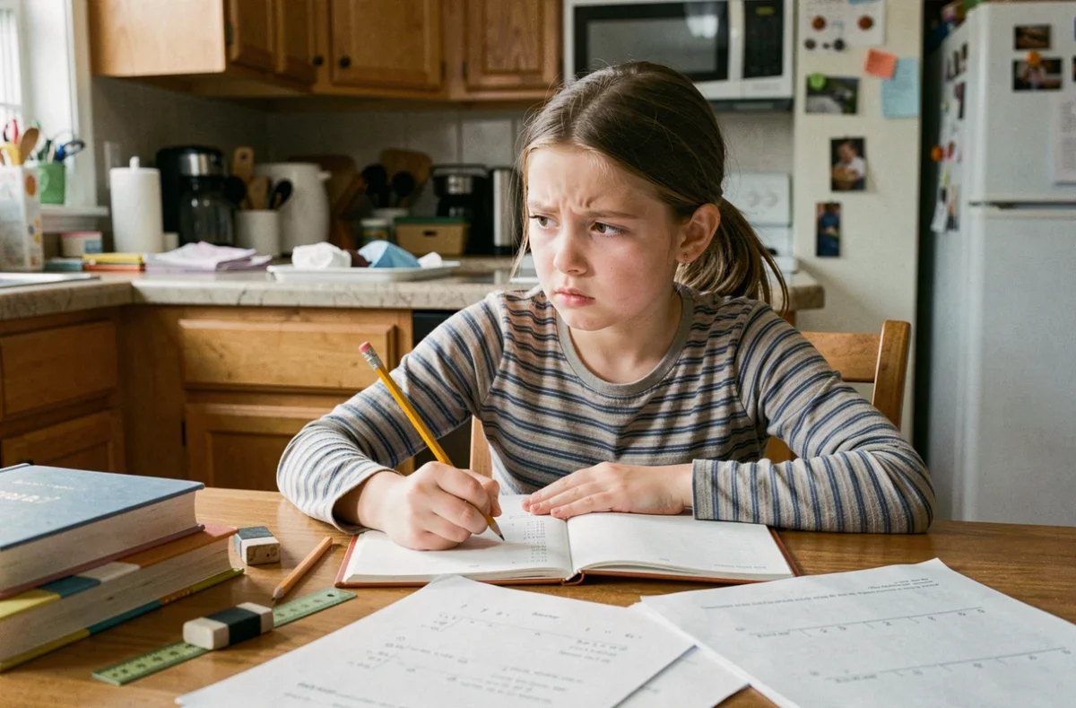 Jeune fille frustrée faisant ses devoirs à la table de cuisine, regard perdu dans le vide, entourée de livres scolaires et feuilles d'exercices non terminées, symbolisant les difficultés scolaires à la maison