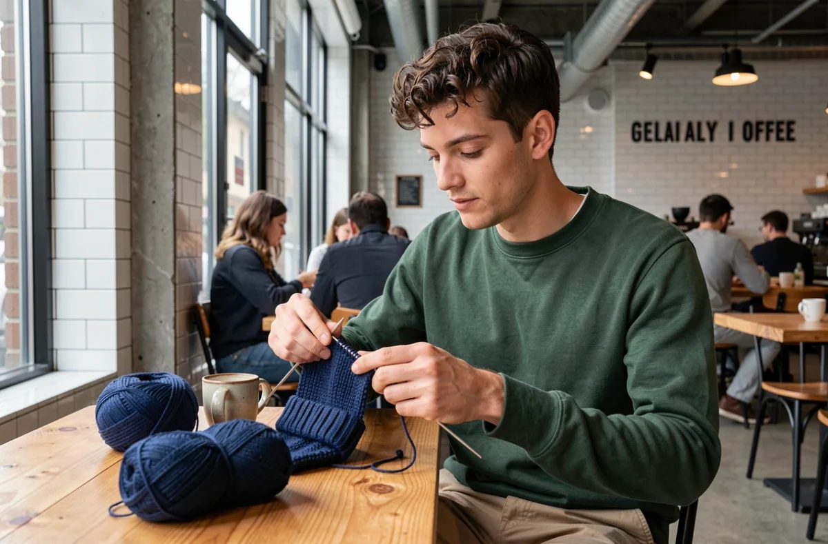 Jeune homme tricotant un bonnet en laine dans un café moderne avec tasse de café et pelote de laine sur la table