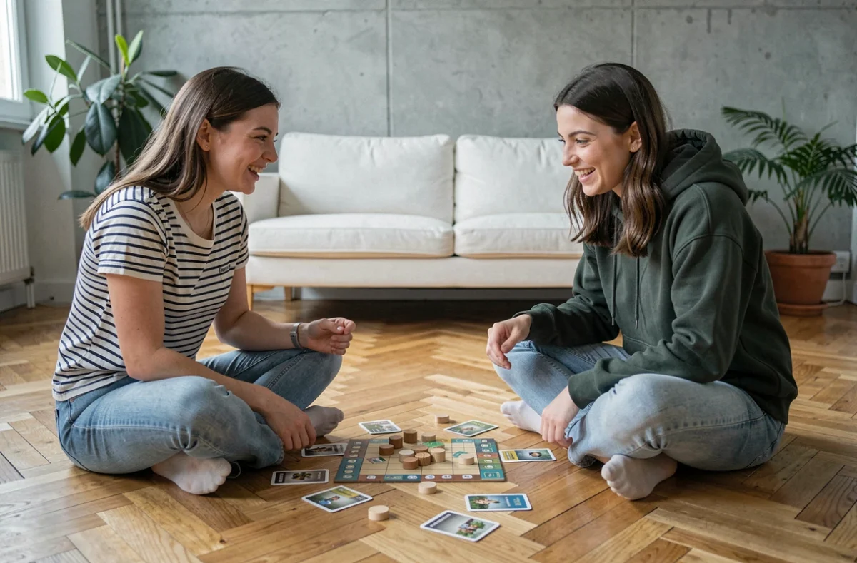 Deux jeunes femmes jouant à un jeu de stratégie sur le parquet d'un appartement moderne