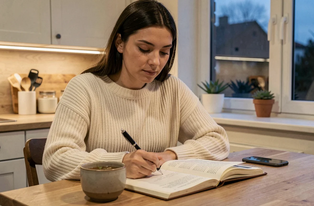 Femme écrivant dans un journal le soir pour gérer son stress et favoriser un meilleur sommeil