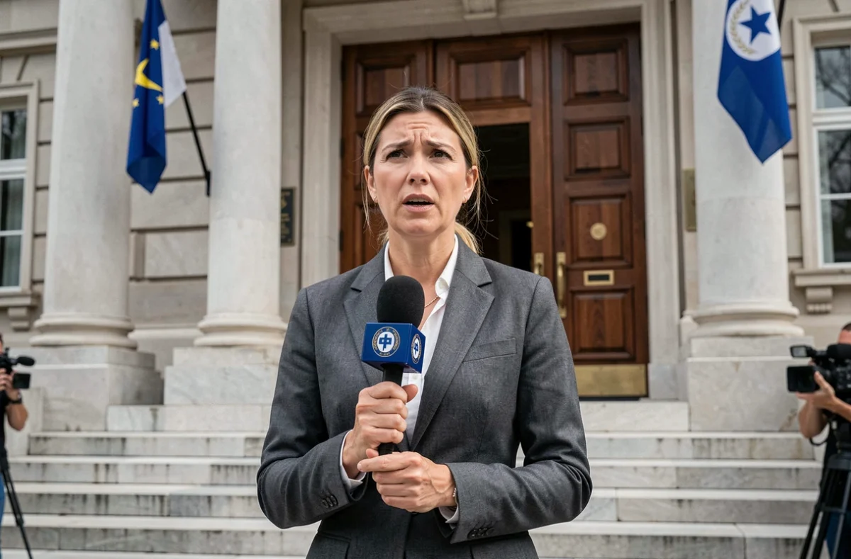 Journaliste politique en reportage devant un bâtiment gouvernemental lors d'un événement géopolitique