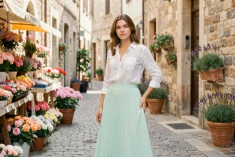 Femme portant une jupe plissée midi couleur menthe pastel dans une ruelle européenne fleurie en été