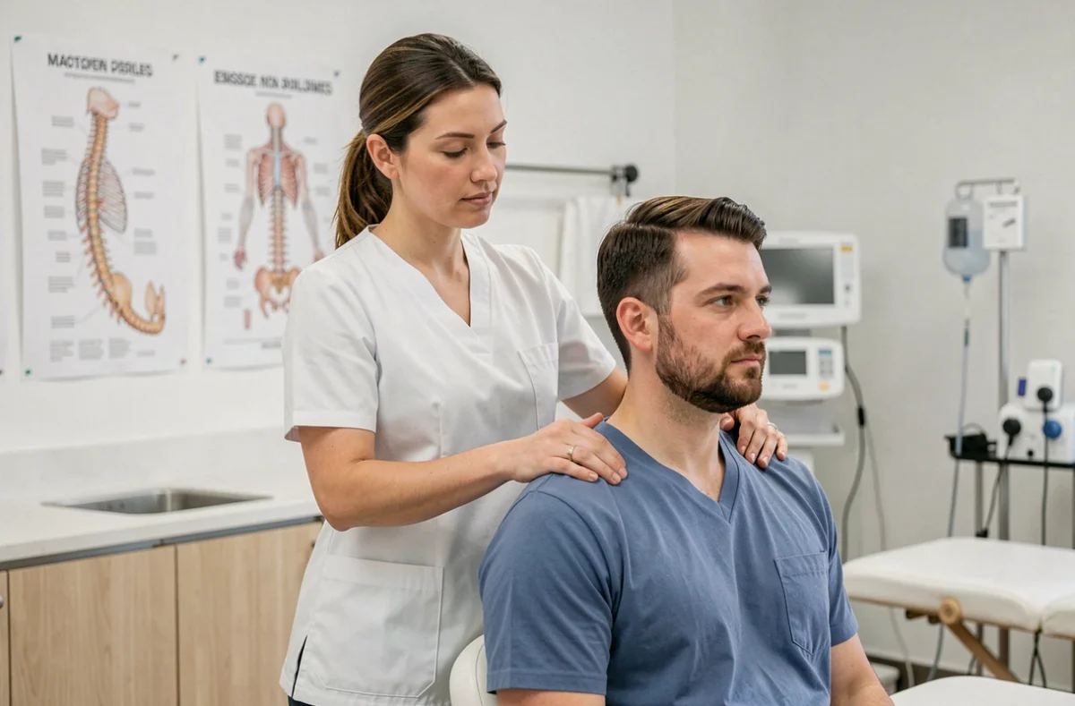 Kinésithérapeute corrigeant la posture dorsale d'un patient en cabinet de physiothérapie