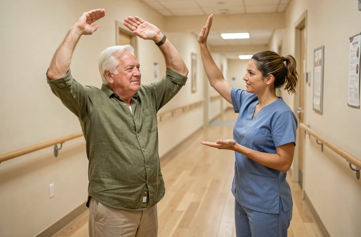 Kinésithérapeute guidant un patient senior dans des exercices d'étirement des bras lors d'un programme de rééducation pulmonaire en centre de réhabilitation
