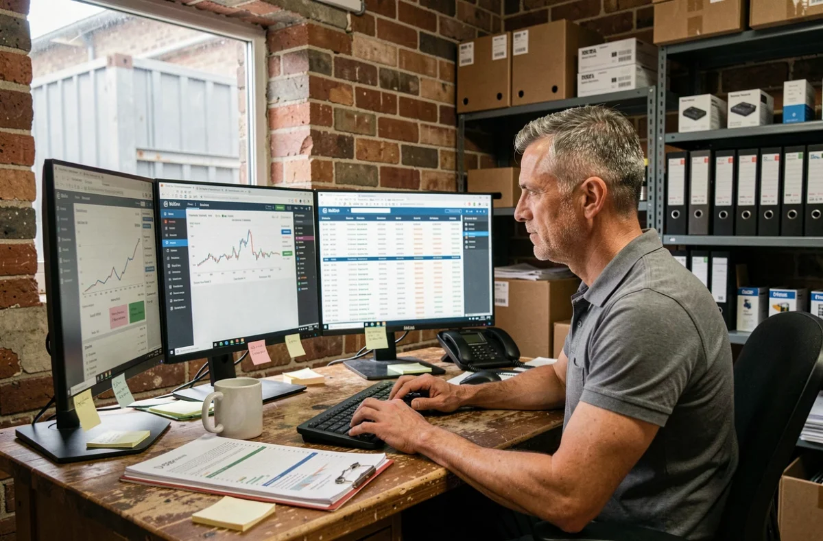 Dirigeant de PME analysant un logiciel d'intelligence artificielle pour l'optimisation des stocks sur un poste de travail informatique dans un bureau professionnel