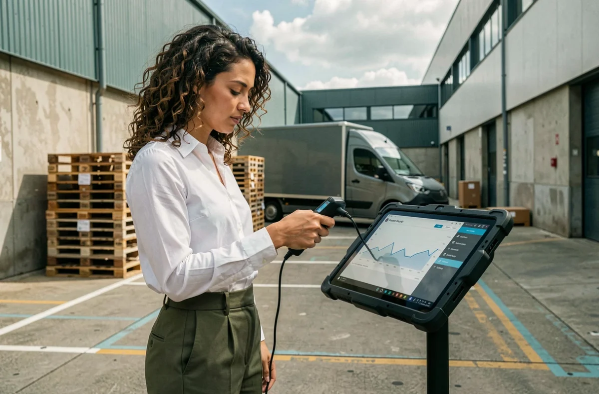 Femme logisticienne scannant des stocks avec un appareil numérique devant un entrepôt moderne et un véhicule de livraison électrique