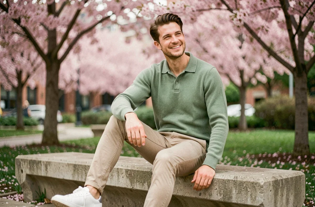 Homme en polo maille fine vert sauge assis dans un parc fleuri au printemps