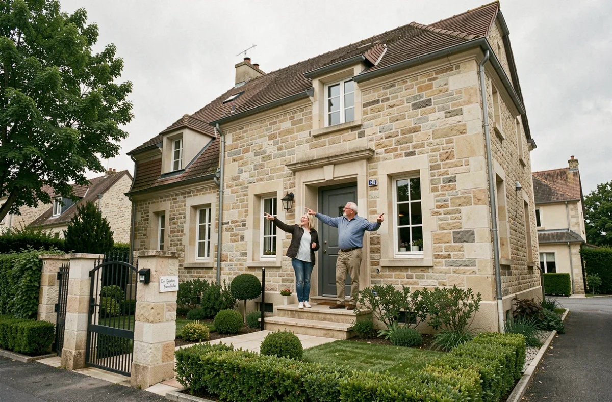 Couple devant une maison familiale transmise via une SCI dans un quartier résidentiel français