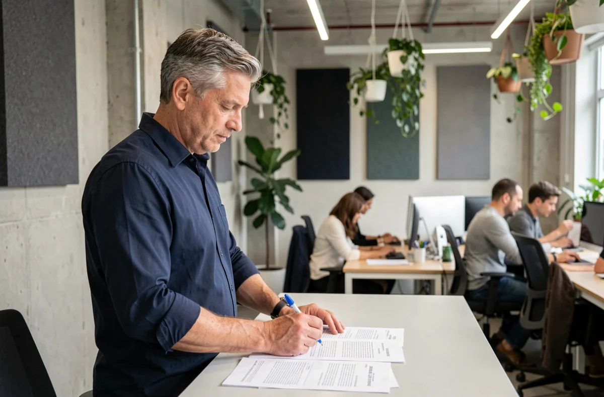 Manager en télétravail hybride annotant des documents dans un espace de coworking moderne