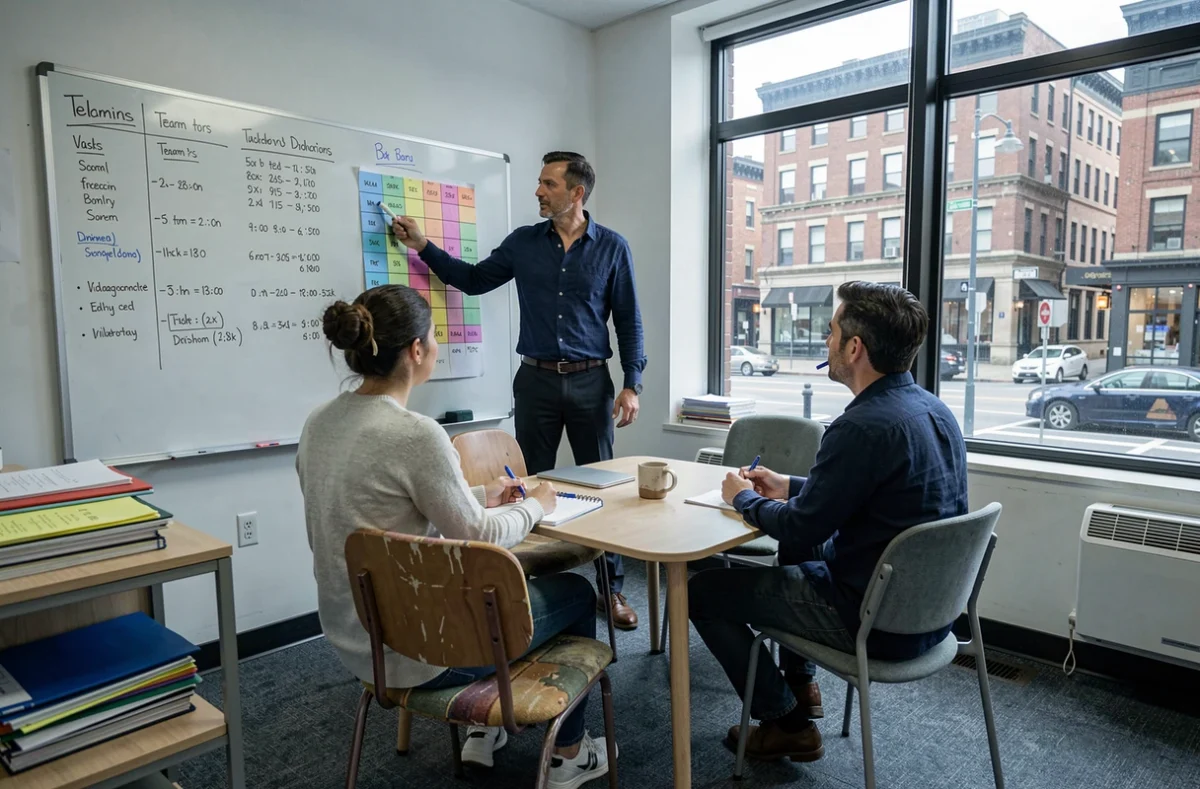 Un manager réorganise les missions de son équipe dans une PME face à un congé parental en cours