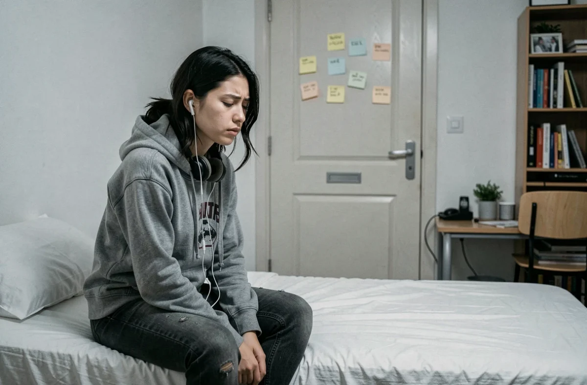 Jeune femme cherchant l'intimité dans sa chambre en colocation, illustrant le manque d'espace personnel en vie communautaire