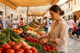 Femme française faisant ses courses au marché estival, choisissant des légumes frais face à la hausse des températures
