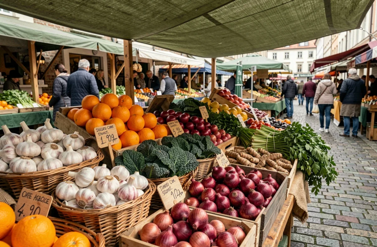 Étal de marché fermier rempli de fruits et légumes frais riches en nutriments pour booster l'immunité