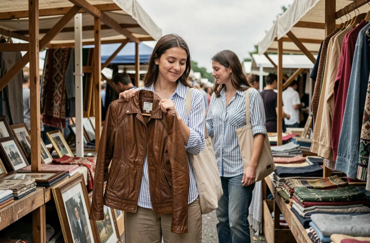 Jeune femme essayant une veste en cuir vintage dans un marché aux puces en plein air