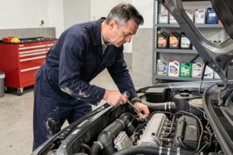 Mécanicien professionnel inspectant un moteur diesel moderne dans un garage avec une clé dynamométrique