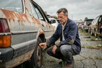 Mécanicien inspectant une vieille voiture rouillée dans une casse automobile pour estimation de rachat