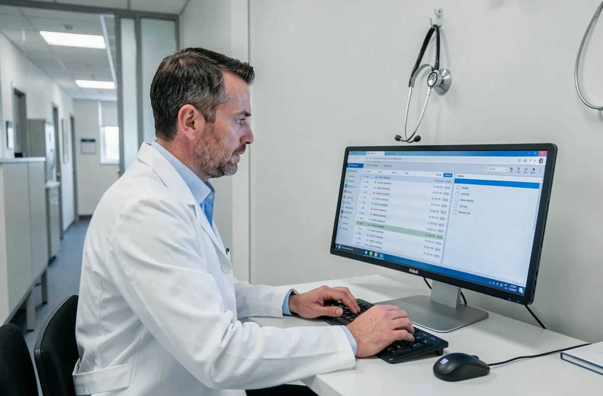 Médecin consultant des dossiers médicaux électroniques sur un ordinateur dans une clinique moderne