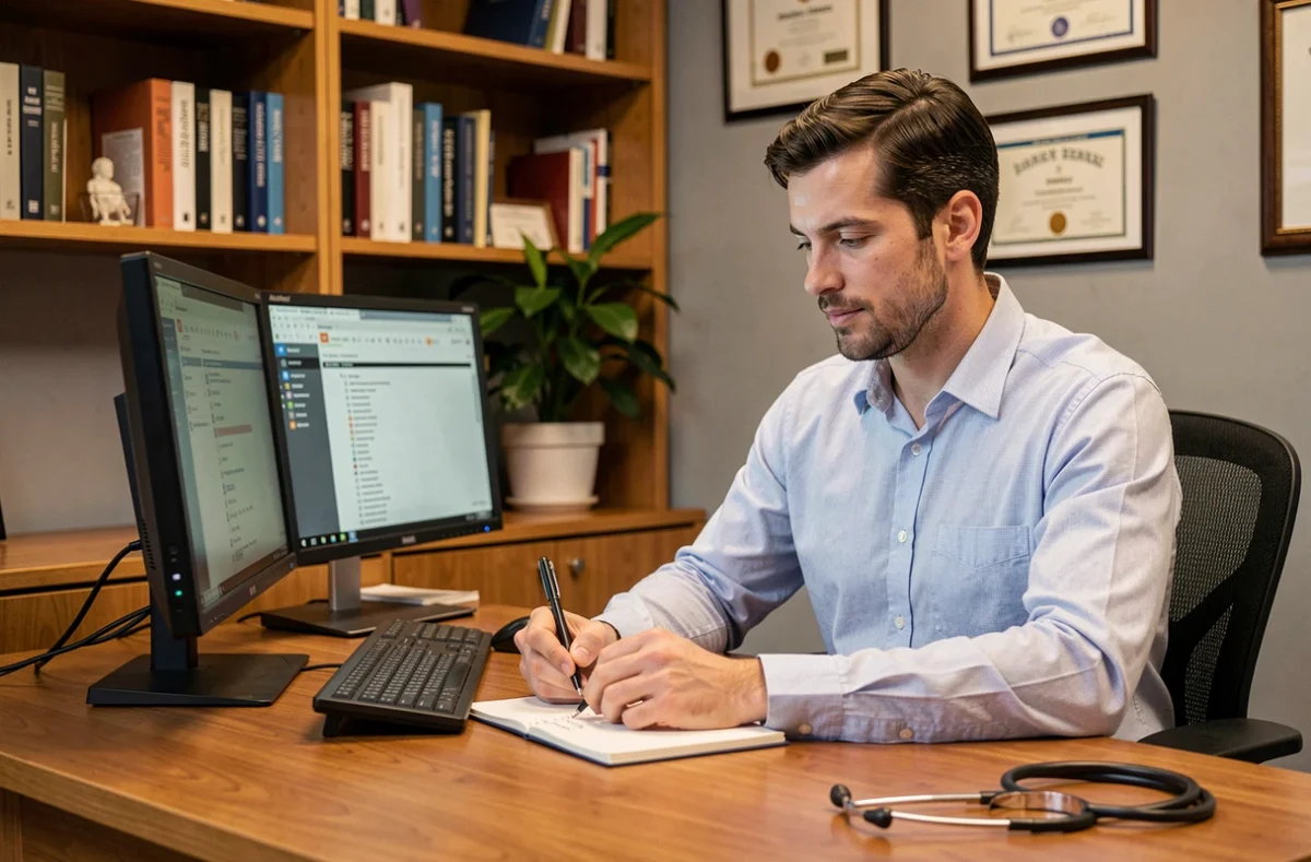 Médecin généraliste consultant des dossiers médicaux électroniques dans son cabinet, symbolisant l'intégration des outils numériques et l'innovation dans la pratique clinique quotidienne