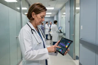 Médecin femme consultant une interface d'intelligence artificielle médicale sur tablette dans un couloir d'hôpital moderne