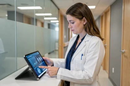 Médecin femme consultant une tablette numérique avec des données patients dans un couloir hospitalier moderne, illustrant l'innovation dans la pratique clinique