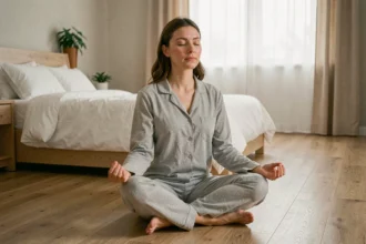 Femme pratiquant la méditation dans sa chambre pour réduire le stress et améliorer la qualité du sommeil