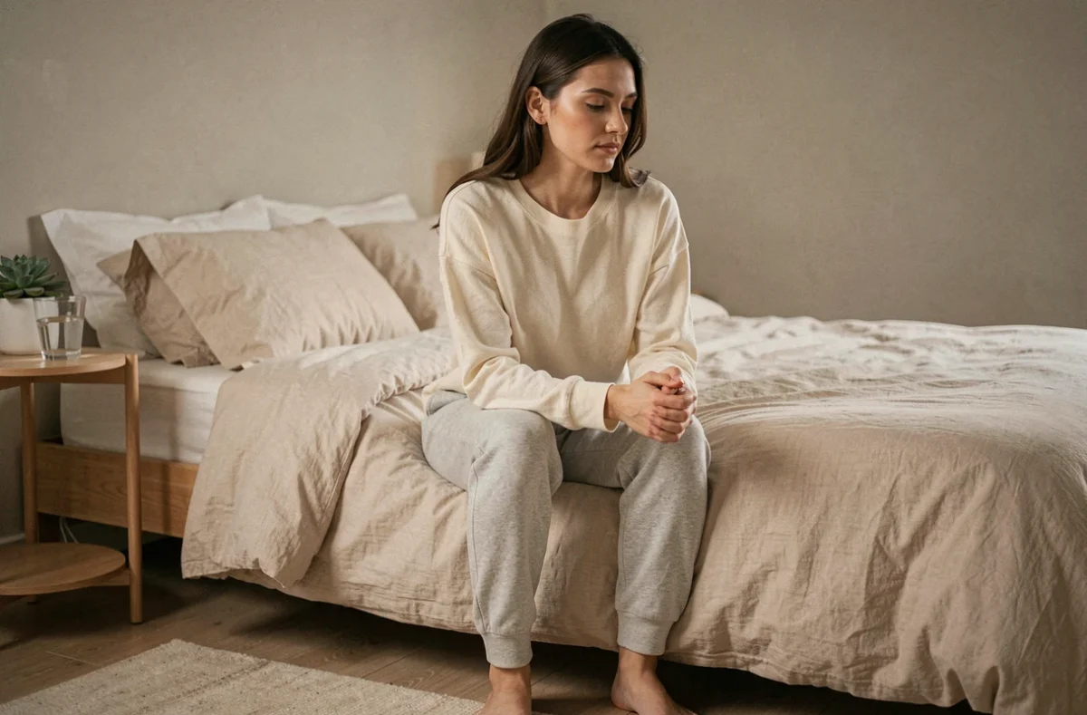 Jeune femme en train de méditer 5 minutes le matin assise au bord de son lit dans une chambre apaisante