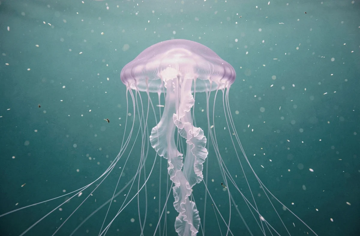 Méduse translucide flottant dans l'océan, animal asexué aux structures internes visibles sous l'eau