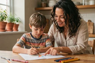 Une mère encourage son fils de 8 ans qui dessine à la table de cuisine, illustrant le rôle des parents dans la réussite scolaire de l'enfant